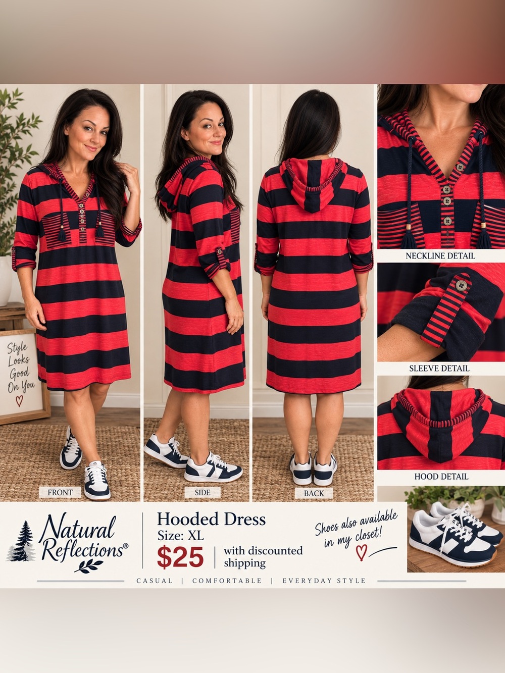 Natural Reflections Orange and Navy Striped Hooded Casual Dress
